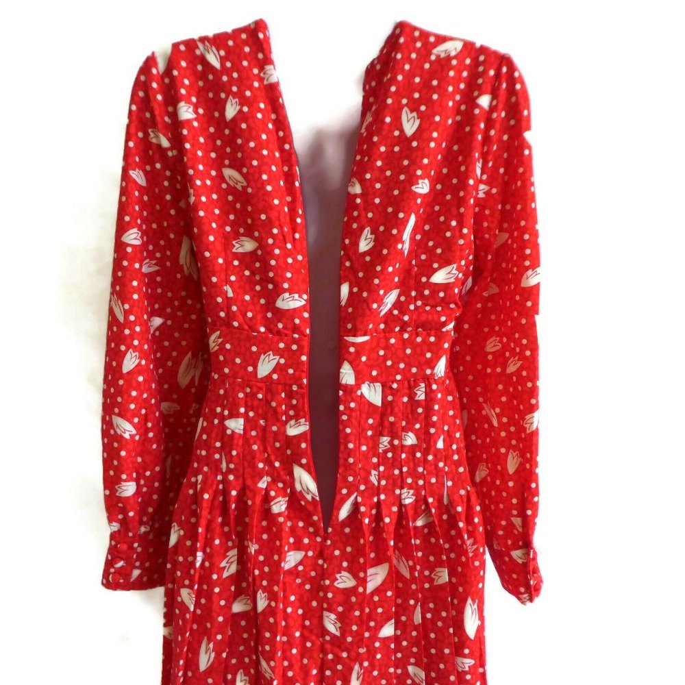 Vintage Style 80s Does 50s Dress Shirtwaist Red Polka Dot Zip Back Puff Sleeve - Picture 10 of 12